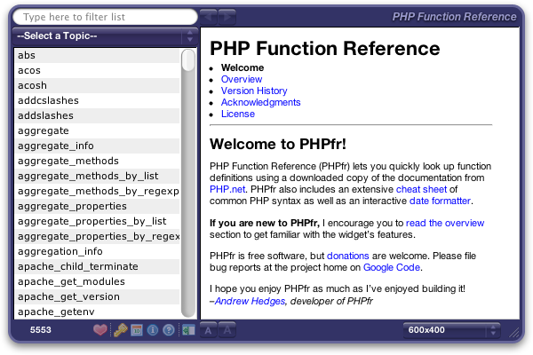 PHP Function Reference interface